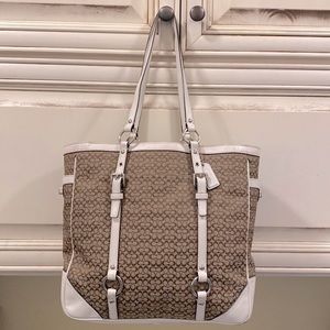 Coach khaki Jacquard & white leather tote. #F11527